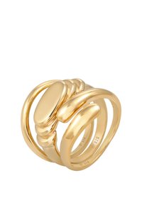 Guldtonet ring med sammenflettede bånd, en glat oval detalje, strukturerede accenter og en poleret overflade. Mærket med "925".