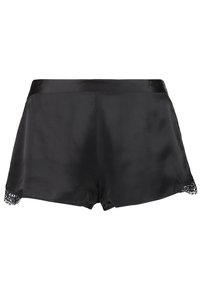 Shorts en satin noir avec une texture lisse, ornés d'une bordure en dentelle le long de l'ourlet inférieur, et d'une taille plate. Longueur courte et design ajusté.