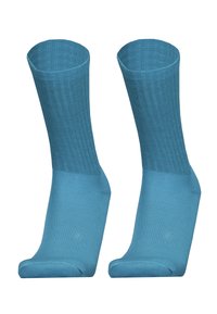 Blue cotton socks with ribbed texture and reinforced heel and toe. Short ankle length, suitable for everyday wear.