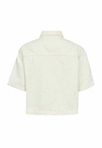 Cropped white jacket with a textured fabric, short sleeves, and a collar. Features frayed edges and a single back seam.