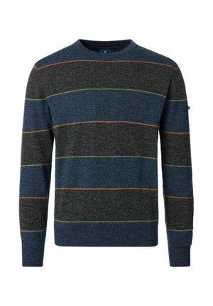 Męski sweter z okrągłym dekoltem, z poziomymi paskami w kolorach ciemnoszarym, niebieskim, pomarańczowym i zielonym, z długimi rękawami oraz ściągaczami na mankietach i u dołu.