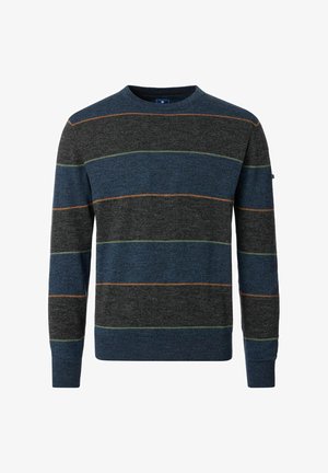 Herresweater med rund hals og vandrette striber i mørkegrå, blå, orange og grøn, med lange ærmer samt ribstrikkede manchetter og kant.