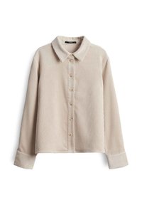 Camicia button-up in corda beige con colletto, maniche lunghe e texture a righe verticali, chiusura con bottoni in legno.