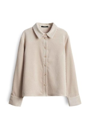 Beige corduroy overhemd met knopen, voorzien van een kraag, lange mouwen en een verticale ribbelstructuur, en houten knopen voor de sluiting.