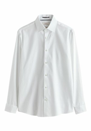 White long-sleeve dress shirt with subtle vertical stripes, buttoned front, classic collar, and barrel cuffs against a white background.