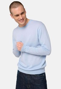 Hellblauer Pullover aus weichem Material mit rundem Ausschnitt und gerippten Bündchen, kombiniert mit dunklen Jeans, die eine lockere Passform zeigen.