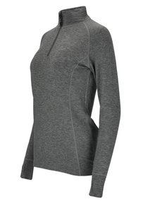 Grå zip-neck pullover lavet af tekstureret stof. Har lange ærmer, tætsiddende design og kontrastsyninger langs sømmene.