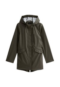 Giacca impermeabile verde oliva con cappuccio, chiusura con bottoni a pressione e due tasche frontali. Tessuto liscio e leggero con cordini regolabili.