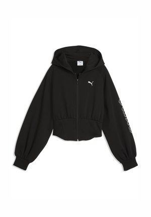 Sweat à capuche noir zippé avec logo Puma sur la poitrine et texte imprimé le long de la manche droite, avec poignets et ceinture élastiques.