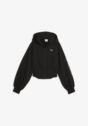 Czarna bluza z kapturem na zamek z logo Puma na piersi i nadrukowanym tekstem na prawej rękawie, z elastycznymi mankietami i pasem.