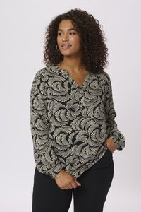Schwarze Bluse mit weißem, wirbelndem Blattmuster, V-Ausschnitt, langen Ärmeln und lockerer Passform. Leichtes Material mit glatter Textur.