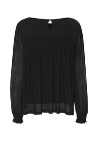 Blusa nera a maniche lunghe con design plissettato, corpino arricciato e dettaglio a oblò sul retro. Tessuto leggero e testurizzato con polsi arricciati.