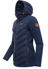 Navy blue hooded jacket with quilted front, fleece sleeves, orange zippers, and logo patch on sleeve. Features a fitted design and high collar.