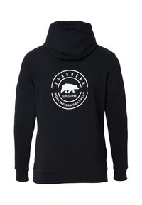 Black hooded sweatshirt with a soft texture. Features a white circular logo and bear graphic on the back, "FORSBERG SINCE 2008" text.