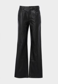 Black leather flared pants with a smooth texture, metal button closure, and front pockets. Features a high waist and tailored silhouette.