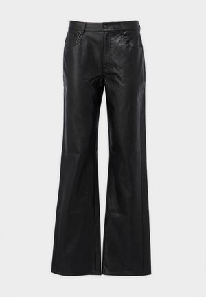 Black leather flared pants with a smooth texture, metal button closure, and front pockets. Features a high waist and tailored silhouette.