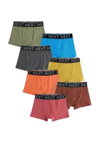 Set med sju par herrboxershorts i färgerna: olivgrön, blå, grå, gul, orange, vinröd och brun. Svart midjeband med "NEXT"-logotyp.
