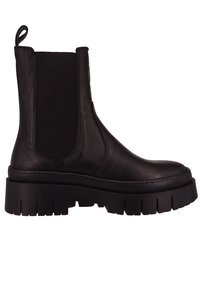 Botas negras hasta el tobillo, hechas de cuero, con paneles laterales elásticos, suela gruesa y una lengüeta en la parte trasera. Textura suave y diseño de punta redondeada.