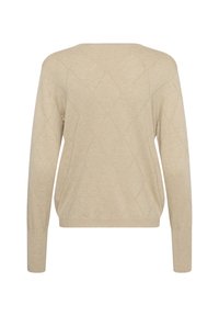 Pull beige à manches longues avec motif matelassé losanges, col rond et poignets et ourlet côtelés, vu de dos.