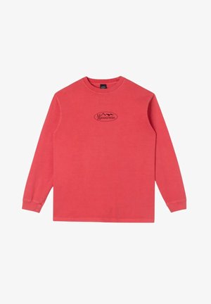 T-shirt a maniche lunghe in cotone corallo, con un logo ovale nero raffigurante montagne. Vestibilità rilassata e polsini a coste. Texture liscia.