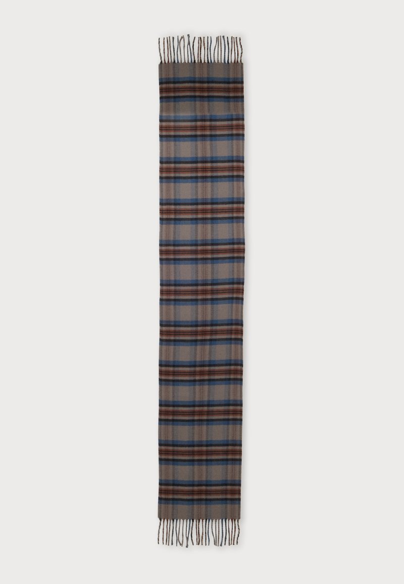Longue écharpe beige avec un motif à carreaux bleu et marron et des extrémités à franges, étalée à plat sur un fond blanc.