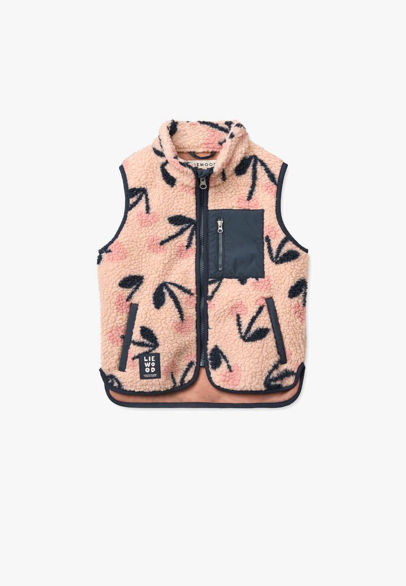 Ροζ fleece γιλέκο με μαύρα σχέδια από βέλη και φύλλα, φερμουάρ στο εμπρός μέρος, σκούρα μπλε τσέπη στο στήθος με φερμουάρ και δύο πλαϊνές τσέπες.