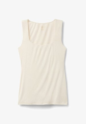 Beige tank top with a square neckline, made of soft fabric, featuring a smooth texture and straight, unembellished hem.