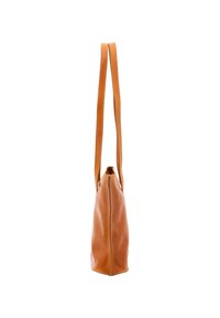 Borsa a spalla in cuoio marrone chiaro con forma rettangolare, texture liscia e manici lunghi e piatti. Presenta una chiusura a zip superiore e cuciture minime.