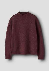 Bordowy sweter z dzianiny, z wysokim ściągaczem, długimi rękawami i strukturalnym wykończeniem. Luźny krój z ściagaczami na mankietach i u dołu.