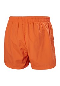 Costumi da bagno arancioni con vita elastica, tessuto leggero e una consistenza liscia. Design semplice e privo di decorazioni, senza motivi o accessori visibili.
