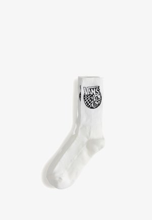 Weiße Sneakersocken mit gerippter Struktur, versehen mit einem schwarzen Vans-Logo und einem karierten Design. Weiches Material, geeignet für den Freizeitgebrauch.
