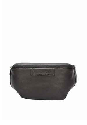 Sac banane compact en cuir noir avec fermeture éclair et étiquette en cuir embossée "Arthur & Aston" sur le devant.