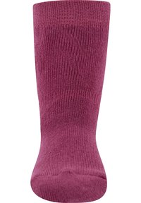 Calcetín hasta la rodilla de color ciruela sólido, hecho de una tela suave y texturizada con parte superior acanalada y puntera reforzada. Patrón de tejido uniforme en todo.