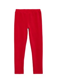Rote Leggings aus einem weichen, dehnbaren Material. Sie haben eine glatte Textur und einen elastischen Bund ohne sichtbare Verschlüsse oder Taschen.