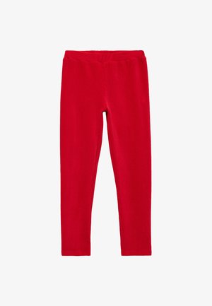 Leggings rojos hechos de un material suave y elástico. Tienen una textura lisa y una cinturilla elástica sin cierres visibles ni bolsillos.
