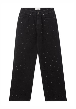 Jeans in denim nero con design a gamba larga, caratterizzati da strass sparsi sul tessuto. Cinque tasche e chiusura con bottone in vita.