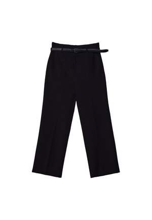 Black wide-leg trousers with a smooth texture. Features a fitted waistband, belt loops, and front pockets.