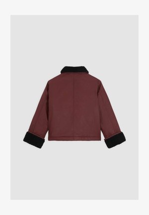 Chaqueta burdeos con un cuello y puños de piel de oveja negra. Presenta un acabado suave y un corte relajado. La vista trasera muestra costuras visibles.