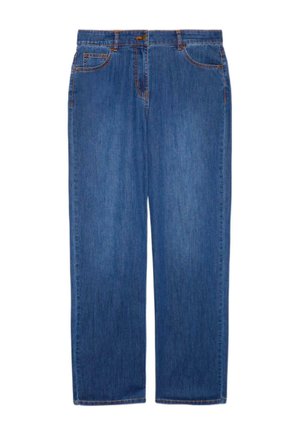 Blaue Denim-Jeans mit geradem Bein, Vorderentaschen, Gürtelschlaufen und einem Knopfverschluss.