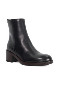 Black leather ankle boot with a round toe, smooth texture, and a mid-height block heel. Clean lines and minimal design.