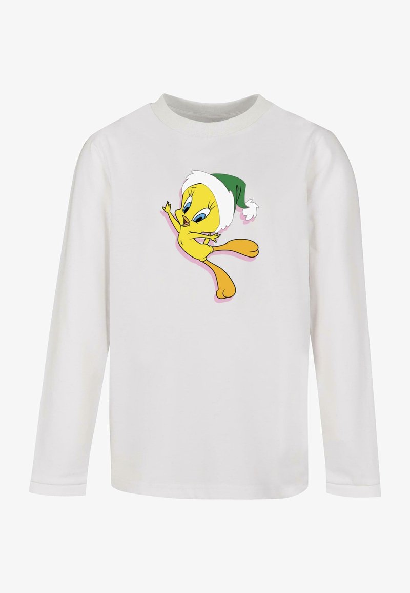 Weißes Langarm-T-Shirt mit einem bunten Cartoon-Vogel in einem grünen Hut mit einem weißen Bommel, der auf der Vorderseite aufgedruckt ist.