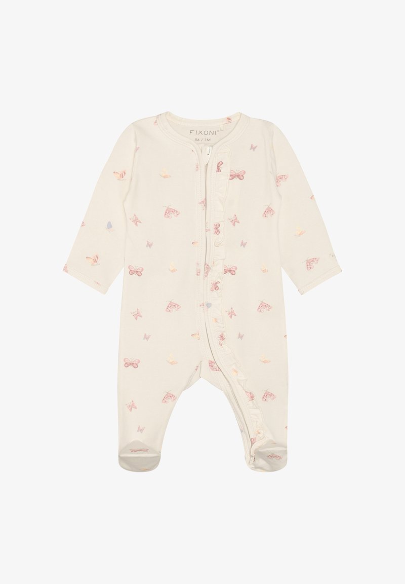 Body para bebé de color crema con mangas largas, estampado de mariposas, cremallera frontal con volante decorativo y piernas con cubre pies.