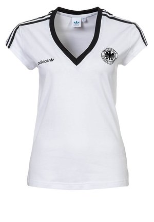 T-shirt de football à col en V pour femmes Adidas blanc avec bordure noire, bandes noires sur les épaules et logo de l'aigle Deutscher Fussball-Bund sur la poitrine.