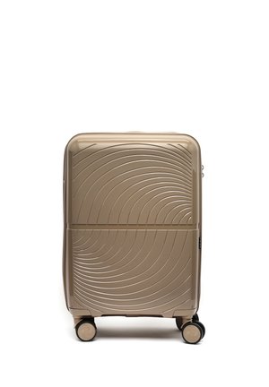 Compact hard-shell suitcase with rounded edges, curved embossed swirls, and four 360-degree rotation wheels in taupe color.