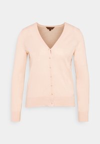 Cardigan de color rosa claro, tejido suave, con escote en V, mangas largas, cierre de botones de perla en la parte delantera, dobladillo y puños ajustados.