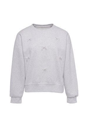 Lys grå sweatshirt med lange ærmer, små dekorative sløjfer og perler syet på fronten, vist mod en ensfarvet hvid baggrund.