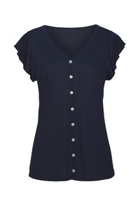 Navyblaue Kurzarm-Knopfbluse mit V-Ausschnitt, Rüschensäumen und sechs weißen Knöpfen vorne zum Verschließen. Weicher Stoff.