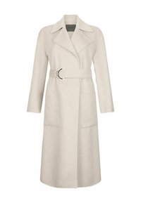 Cappotto trench in misto lana beige con colletto a revers, design doppiopetto, cintura in vita e due tasche applicate frontali.