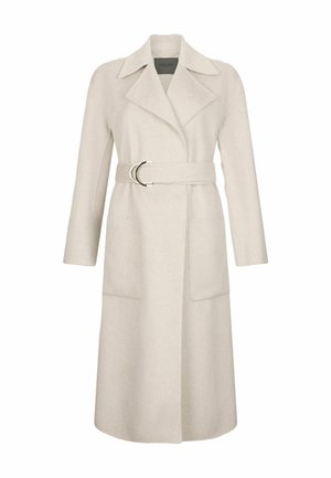 Cappotto trench in misto lana beige con colletto a revers, design doppiopetto, cintura in vita e due tasche applicate frontali.