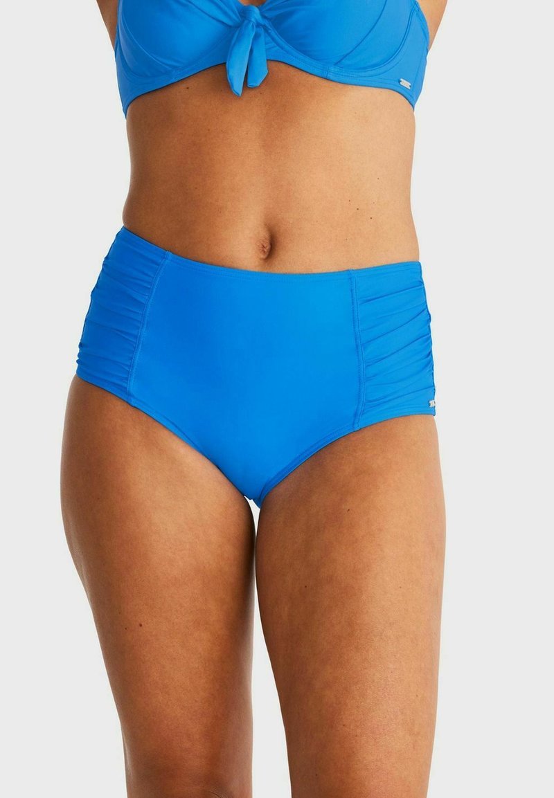 Höga baddräktsbottoms i klart blått tyg med rynkade sidodetaljer och mjuk textur, som ger full täckning och en åtsittande passform.